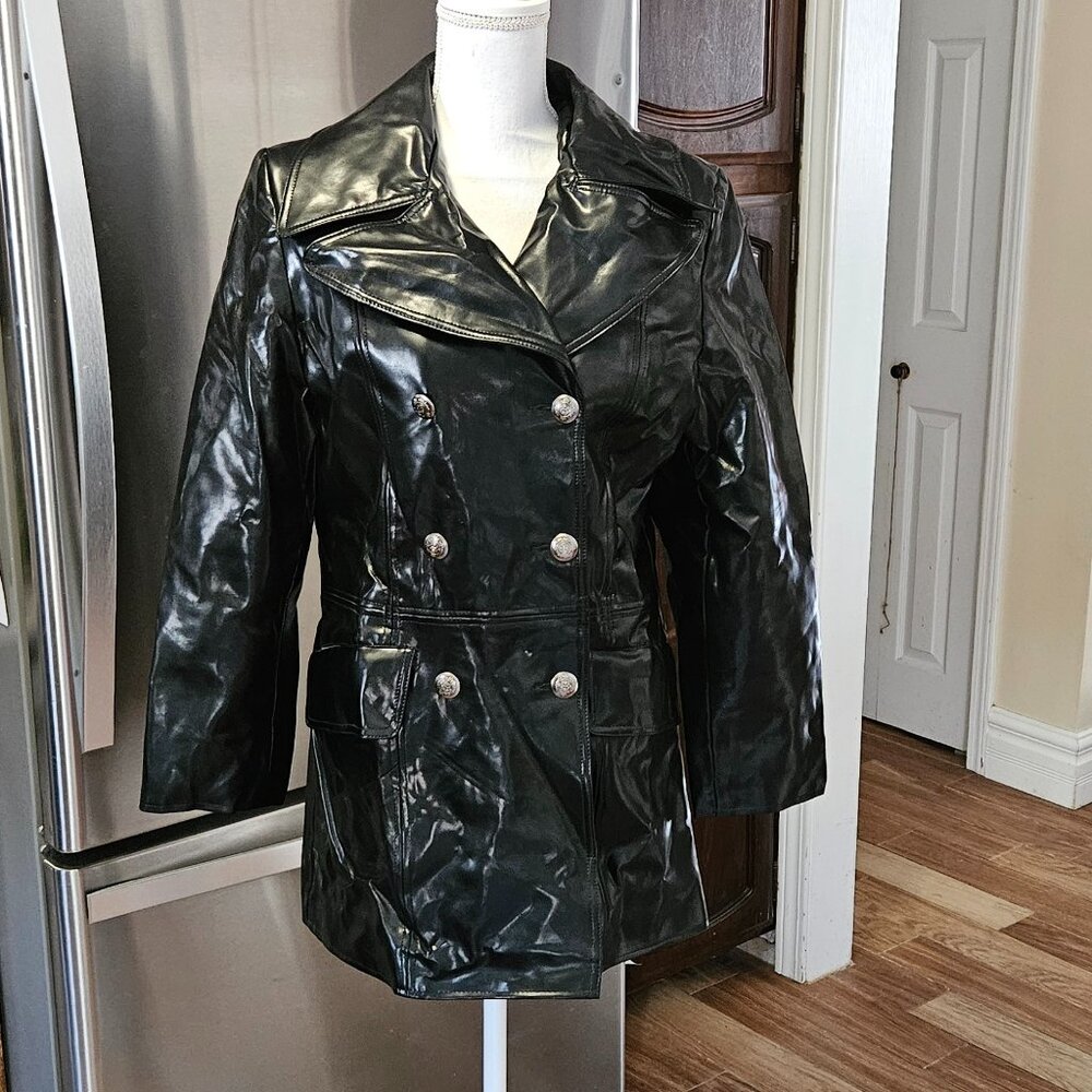 Vintage Patent Leather Look Midi Trench PVC Double Breasted Andy Johns